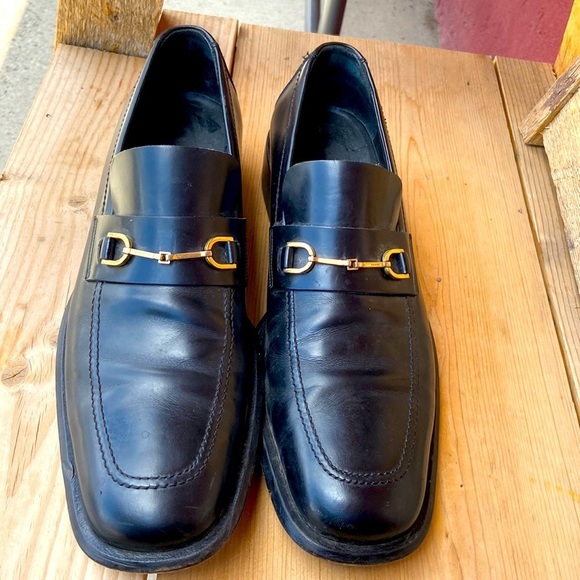 GUCCI 10D Black Leather W/Gold Horse-bit Square Toe Loafers - Picture 2 of 6